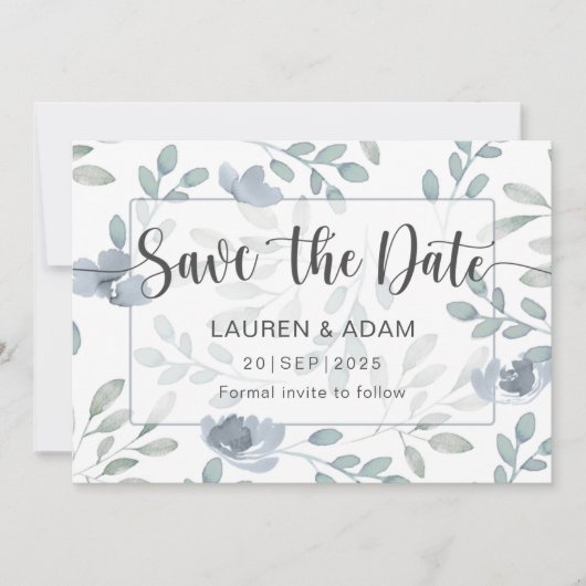 Boho Save the Date Dusty Blue Eucalyptus Floral (Voorkant)