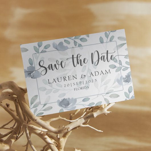 Boho Save the Date Dusty Blue Eucalyptus Floral
