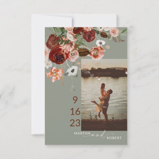 Boho Save the Date Kaart with Photo Terracota Sage (Achterkant)