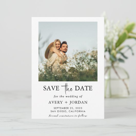 Boho Save the Date, Photo Minimalist Save the Date Kaart (Staand voorkant)