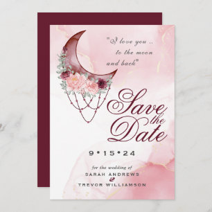 Boho Save the Date Pink Maroon Crescent Moon Kaart