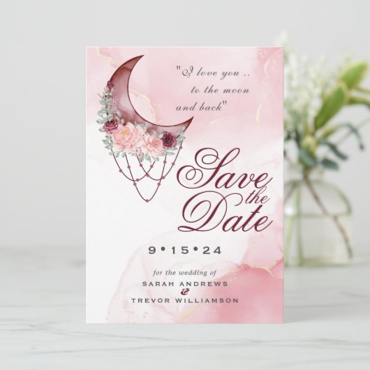 Boho Save the Date  Roze Maroon Halve Maan Kaart (Staand voorkant)