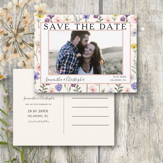 Boho Save the Date Wilde Bloem & Foto Briefkaart