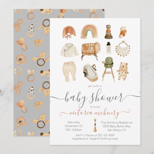 Boho Scandi Baby shower Invitation Kaart (Voorkant / Achterkant)
