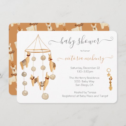 Boho Scandi Llama Mobile Baby shower Invitation Kaart (Voorkant / Achterkant)
