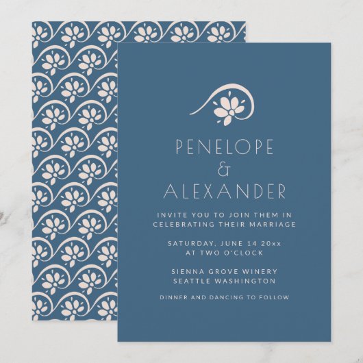 Boho Scandinavian Blue Floral Wedding Invitation Kaart (Voorkant / Achterkant)