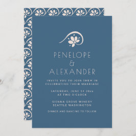 Boho Scandinavian Blue Floral Wedding Invitation Kaart
