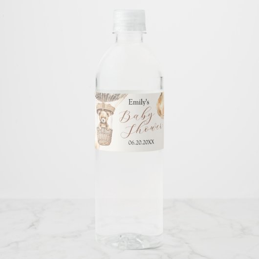 Boho schattig Beer luchtballon wolken Baby shower Waterfles Etiket (Voorkant)