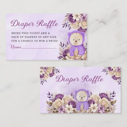 Boho schattig paarse bloementeddybeer luierloterij informatiekaartje (Voorkant / Achterkant)