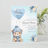 Boho Schattige Boy Teddy Bear Blue Balloon Baby sh Kaart (Staand voorkant)