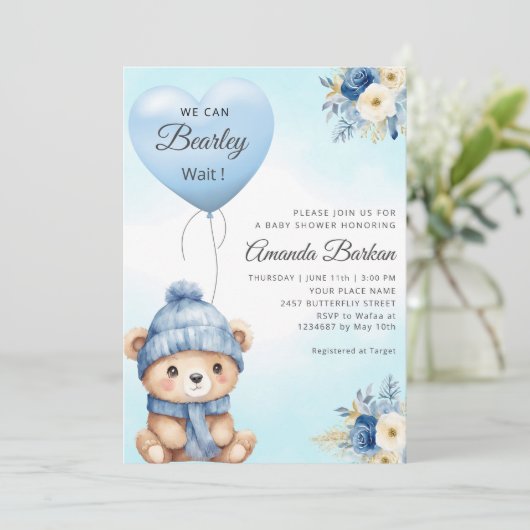 Boho Schattige Boy Teddy Bear Blue Balloon Baby sh Kaart (Staand voorkant)