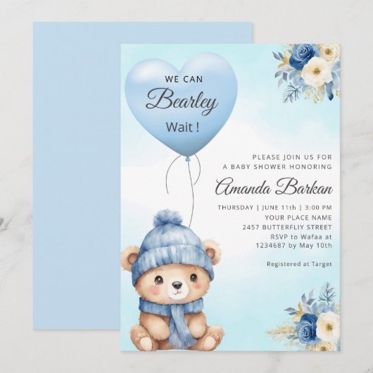 Boho Schattige Boy Teddy Bear Blue Balloon Baby sh Kaart (Voorkant / Achterkant)