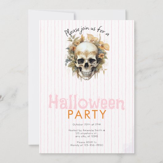 Boho Schedel Bloemrijk Roze Gestreepte Halloween F Kaart (Voorkant)