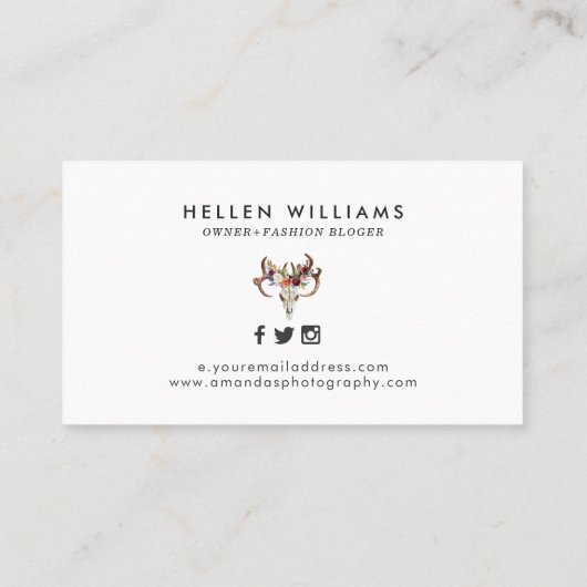 Boho schedel en bloemen visitekaartje (Achterkant)