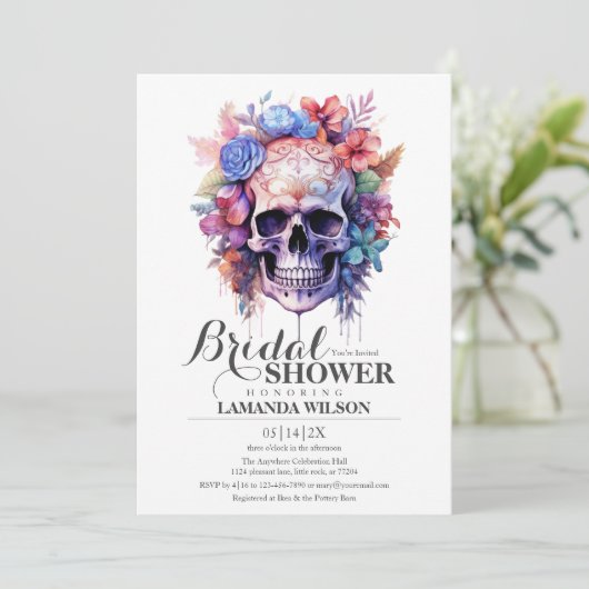 Boho schedel Gotische Waterverf Bloemen Vrijgezell Kaart (Staand voorkant)