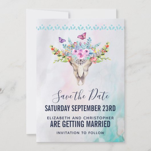Boho Schedel met Bruidsbloemen Bruiloft Save The Date (Voorkant)