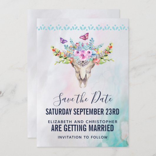 Boho Schedel met Bruidsbloemen Bruiloft Save The Date (Voorkant / Achterkant)