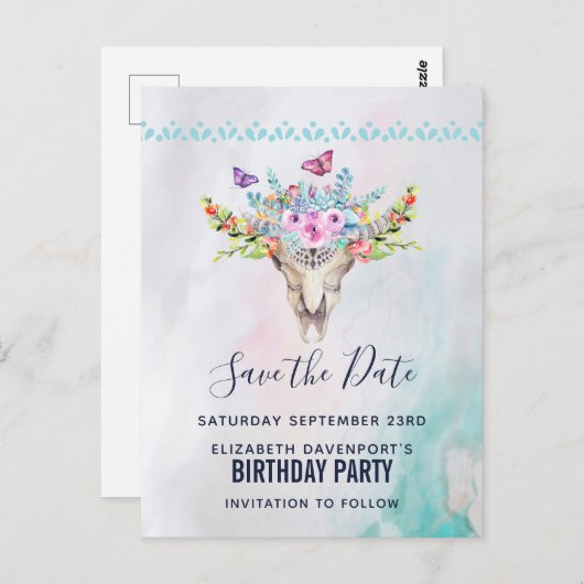 Boho Schedel met een bloemboeket Save the Date Briefkaart (Voorkant / Achterkant)
