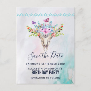 Boho Schedel met een bloemboeket Save the Date Briefkaart