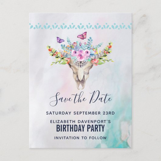 Boho Schedel met een bloemboeket Save the Date Briefkaart (Voorkant)