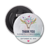 Boho schedel met een bloemenboeket bruiloft button flesopener (Voorkant)
