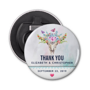 Boho schedel met een bloemenboeket bruiloft button flesopener