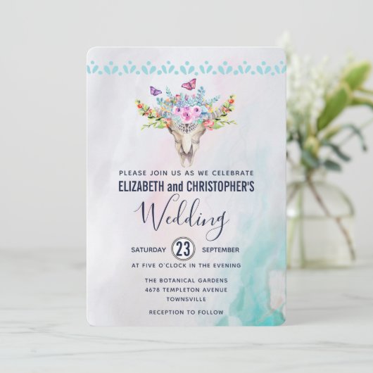 Boho schedel met een bloemenboeket bruiloft kaart (Staand voorkant)