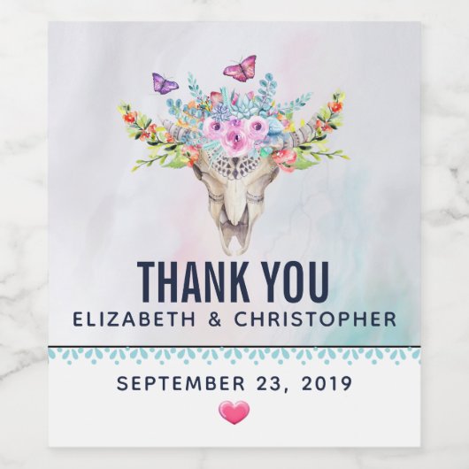 Boho schedel met een bloemenboeket bruiloft wijn etiket (Enkel label)