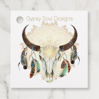 Boho schedel met veren bedankjes labels