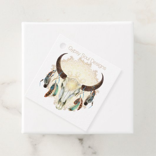 Boho schedel met veren bedankjes labels (In situ)