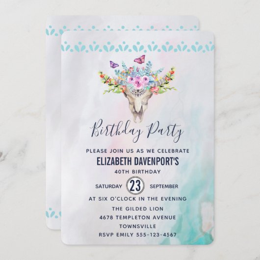 Boho Schedel met Vlinders en Bloemen Verjaardag Kaart (Voorkant / Achterkant)