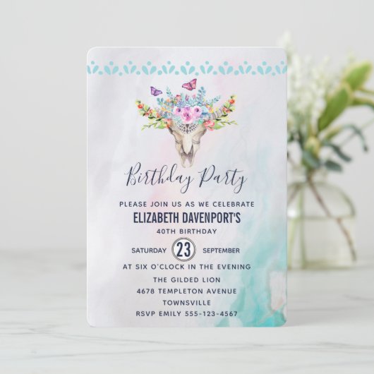 Boho Schedel met Vlinders en Bloemen Verjaardag Kaart (Staand voorkant)