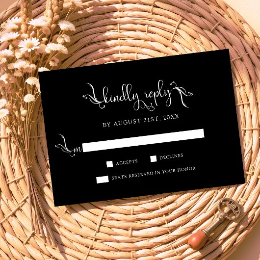 Boho Script Black Wedding Kindly Replay RSVP-kaart RSVP Kaartje