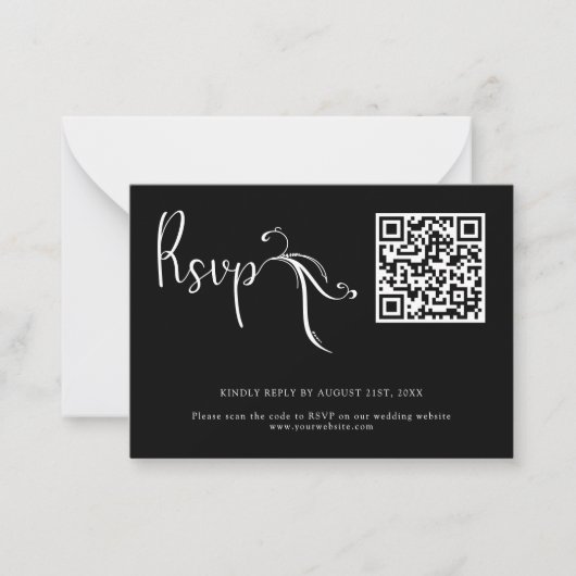 Boho Script Black Wedding QR Code Budget RSVP-kaar Notitiekaartje (Voorkant)