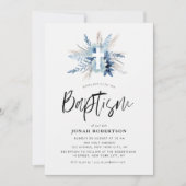 Boho-script Blauwe Bloemenkruis doop Kaart (Voorkant)