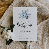 Boho-script Blauwe Bloemenkruis doop Kaart