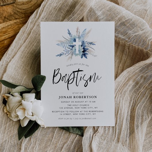 Boho-script Blauwe Bloemenkruis doop Kaart