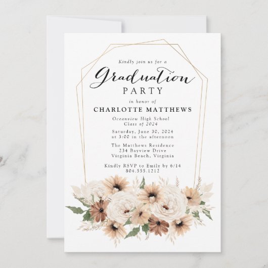 Boho Script Bloemen Afstuderen Party Uitnodiging (Voorkant)