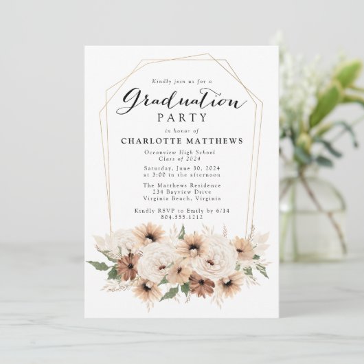 Boho Script Bloemen Afstuderen Party Uitnodiging (Staand voorkant)