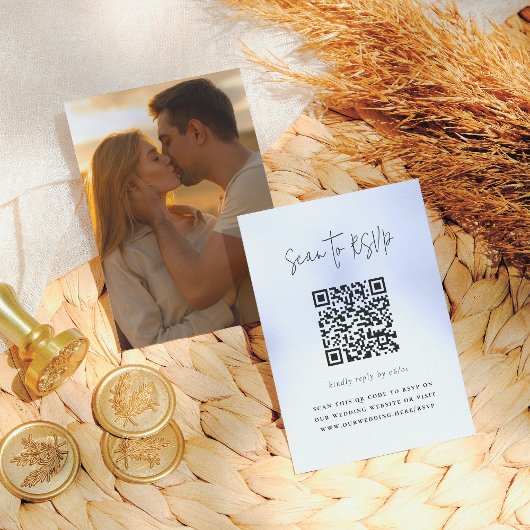 Boho Script Moderne QR Code Foto Huwelijksreactie Informatiekaartje