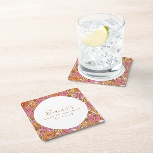 Boho Script Oker Roze Bloem Bruidsfeest Aangepast Kartonnen Onderzetters (Insitu)