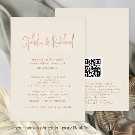 Boho Script QR Code Cream Bruiloft Luxe Echt Folie Uitnodiging