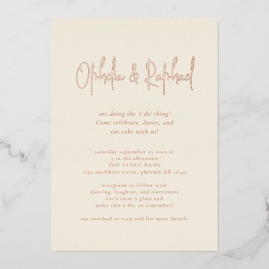 Boho Script QR Code Cream Bruiloft Luxe Echt Folie Uitnodiging (Voorkant)