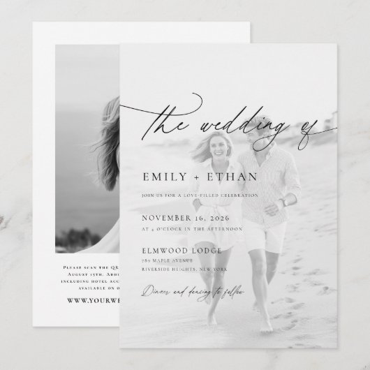 Boho Script QR Code Fotobruiloft Kaart (Voorkant / Achterkant)