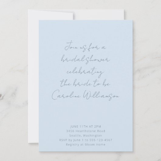 Boho Script Soft Blue Modern Bridal Shower Kaart (Voorkant)