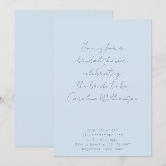 Boho Script Soft Blue Modern Bridal Shower Kaart (Voorkant / Achterkant)