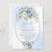 Boho Script Stofblauwe Pioenrozen Goud Sweet Sixte Kaart (Voorkant)