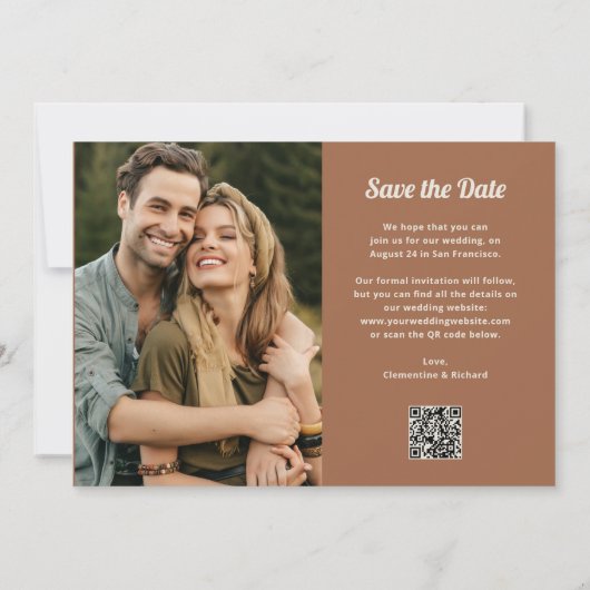 Boho Script | Twee foto- en QR-code Save The Date (Achterkant)