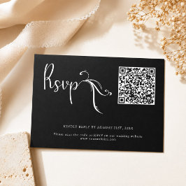 Boho Script Zwarte Trouw QR Code Budget RSVP Kaart Notitiekaartje