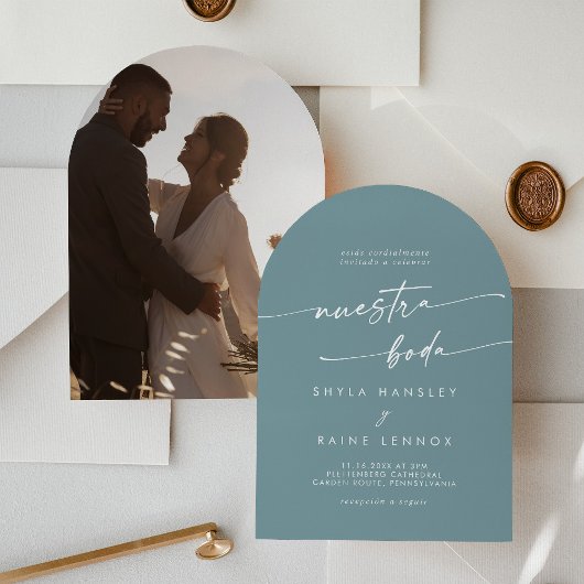 Boho Seafoam Blauwgroen Fotoboog Spaans Huwelijk Kaart